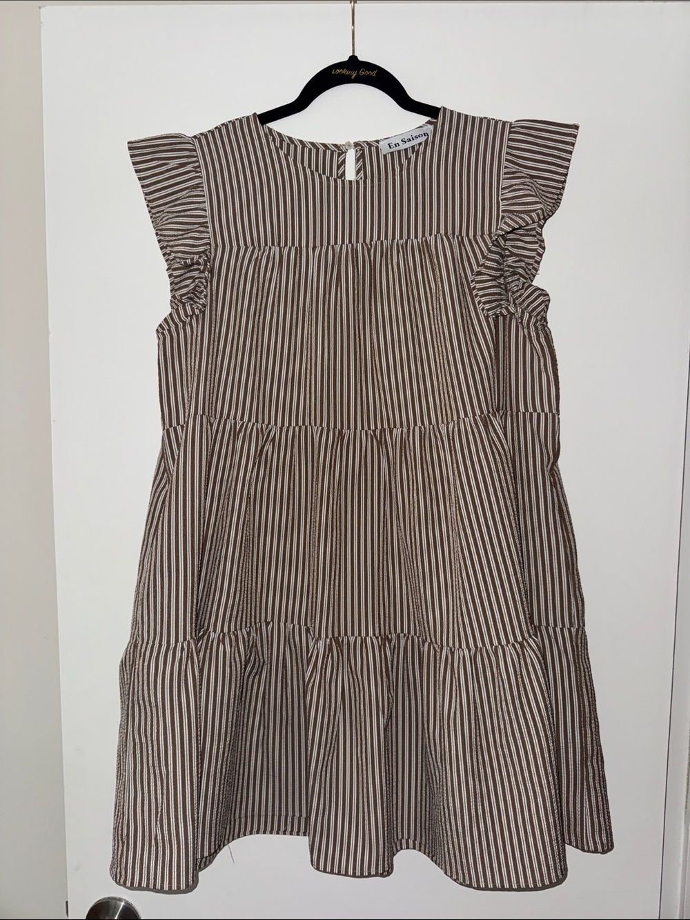 En Saison Women's Brown & White Striped Tiered Ruffle Dress